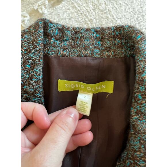 Sigrid Olsen Women's Wool Blend Turquoise Brown Jacquard Blazer Size 2 - Picture 4 of 10